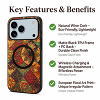Coque de téléphone en liège naturel écologique motif floral européen pour iPhone 17, 17 Pro, 17 Pro Max, 18, 18 Pro, 18 Pro Max
