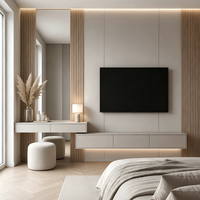 Meuble TV flottant moderne avec coiffeuse intégrée, ensemble meuble TV mural gris clair avec éclairage LED