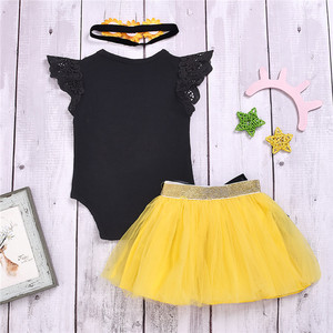 Ensembles de robes pour filles, haut à manches en dentelle avec lettres + jupes en mousseline + bandeau, 3 pièces, tenue d'été pour enfants, robe pour petites filles - Product Image 3