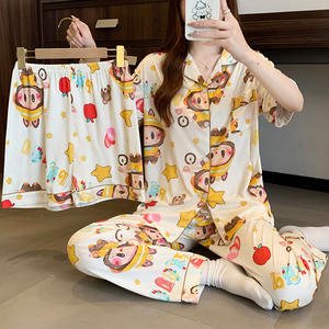 여자의 캐주얼 <span class=keywords><strong>Labubu</strong></span> 가정 옷 봄 여름 얇은 반팔 3 피스 파자마 세트 만화 도매 ODM - Product Image 4