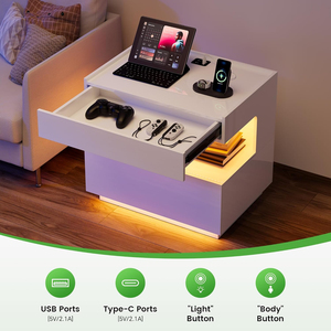Motion Sensor LED Floating Nightstand with Wireless Charging Type-C USB Port Hidden Gun Drawer High Gloss Bedside <b>End</b> Side <b>Table</b> - Product Image 2