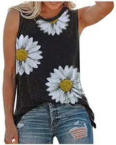 Women Sunflower Cute Printed Vest Tshirt Sleeveless Workout Blouse Casual Summer Tank Top Tunic Tee