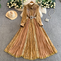 Robe longue élégante pour femme en dentelle rose à manches longues, coupe trapèze, avec ceinture, broderie de sequins, col rabattu, pour soirée décontractée