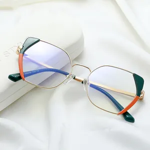 Custom Logo Low Moq Plain Spectacles Female Double Color Frame New Trendy Big Cat Eye Metal Frame Eye Glasses