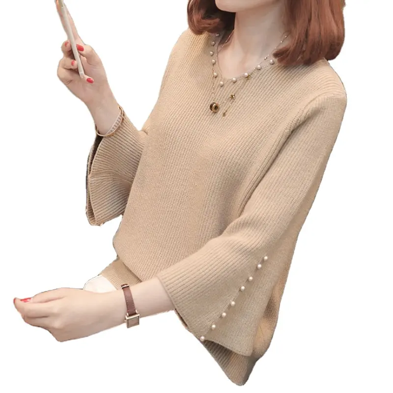 wholesale new arrival V neck flare sleeve pearl beading office lady custom fit woman sweater