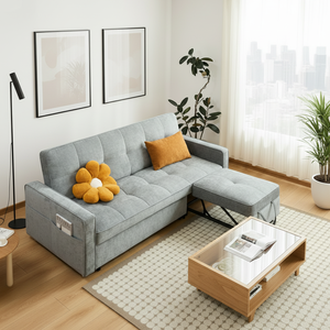 أريكة زاوية على شكل حرف L قابلة للتحويل إلى سرير مع تخزين قابل للسحب، أثاث عصري لغرفة المعيشة من القماش - Product Image 1