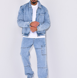 Men's Light Blue Denim Jacket and <b>Pants</b> Set Casual Two Piece Outfit Turn-<b>down</b> Collar Woven Cotton Autumn Style OEM ODM - Product Image 2
