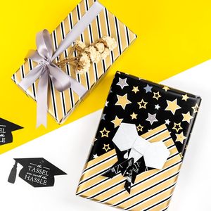 MAYPLUSS Graduation Gift <b>Wrap</b> 17in x 120in Black Gold Foil Stars Stripes Caps Party Craft Packaging <b>Paper</b> - Product Image 5