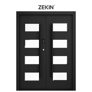 Puerta ZEKIN Moderna de Lujo, Acero Inoxidable, Vidrio Negro, Pivotante, Impermeable, con Luz LED, Seguridad Exterior, Entrada Principal para Villas - Product Image 1