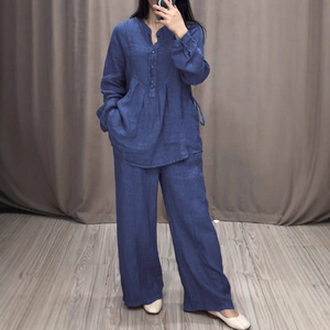 All'ingrosso Chic 2 pezzi Set <span class=keywords><strong>donna</strong></span> completi manica lunga Casual camicia da <span class=keywords><strong>donna</strong></span> + plissettato <span class=keywords><strong>pantaloni</strong></span> larghi elegante abito estivo da <span class=keywords><strong>donna</strong></span> - Product Image 1