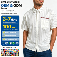 Chemises à boutons brodées à rayures blanches, manches courtes, col montant, style streetwear oversize, longueur courte, t-shirts respirants pour hommes