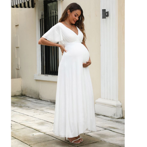 Robe de maternité en promotion : Nouvelle robe blanche élégante à col en V et manches courtes <span class=keywords><strong>pour</strong></span> <span class=keywords><strong>femme</strong></span> <span class=keywords><strong>enceinte</strong></span>, idéale <span class=keywords><strong>pour</strong></span> l'été et comme robe de mariée. - Product Image 2
