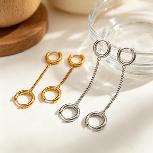 Classic Double Hoop <b>Earrings</b> 18K Gold Stainless Steel <b>Tassel</b> Geometry Circle Design Fashion Hoop Earings - Product Image 2