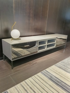 Set di Mobile <span class=keywords><strong>TV</strong></span> e <span class=keywords><strong>Tavolino</strong></span> da Caffè Etiope, Tavolini Bassi Rotondi Moderni in Vetro e Legno - Product Image 6