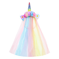 Penjualan Panas Bando Kepala Unicorn Pelangi dari Jaring Plastik untuk Bayi Perempuan Bando Bunga untuk Pesta Ulang Tahun.