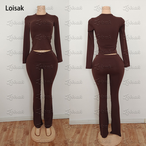 ชุดเซ็ตผู้หญิงคอลเลคชั่นฤดูใบไม้ร่วงปี 2026 เสื้อคอเหลี่ยมแขนยาว กางเกงขาบาน ชุดลำลอง ชุดเซ็ต 2 ชิ้น - Product Image 4