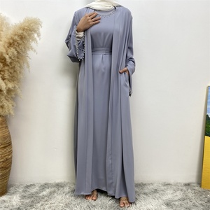 Nida Solid Color Two Pieces Abaya <b>Set</b> With Silver Diamond Chain and Sleeveless Inner Dress for Ramadan Muslim Women 2006+6595 - Product Image 5