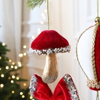 Pendentif décoratif de Noël en tissu floqué rouge bordeaux à sequins SwanLace : Nœud, Champignon, Montgolfière, Renne