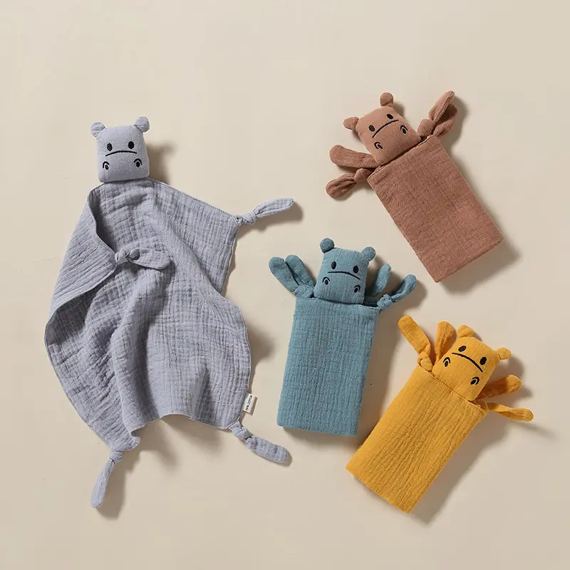 Handuk nyaman bayi, bisa ditekuk, kain kasa katun murni untuk menenangkan, alat tidur bayi baru lahir, boneka Hippo