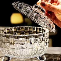 Pot à bonbons en verre cristal sans plomb, de luxe européen, gaufré, avec couvercle à bascule, sucrier, base trépied, boîte à bijoux décorative vintage