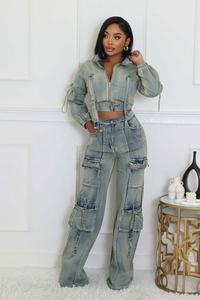 <span class=keywords><strong>Pronto</strong></span> per la Spedizione S-2XL <span class=keywords><strong>Moda</strong></span> 2026 Set Due Pezzi Boutique Jeans Denim Giacche Casual e Pantaloni - Product Image 2