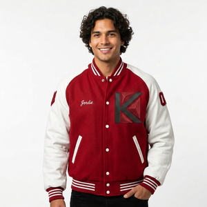 KVJ102 Custom Wool Varsity <b>Jacket</b> for <b>Men</b> Collarless Design with Embroidery Decoration Raglan Sleeve Chenille Patches for Winter - Product Image 1