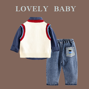 2023 abbigliamento autunnale e invernale per bambini camicia stile inglese per ragazzi + canotta maglione + Jeans 3 pezzi Set di abbigliamento per bambini - Product Image 3