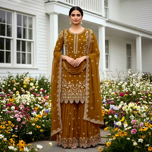 Ensemble Anarkali en Faux Georgette Brodé Moutarde avec Dupatta, Tenue Traditionnelle Indienne et Pakistanaise pour Femme, Coupe Droite, Longueur Genou - Product Image 1