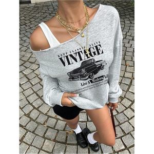 Women's Shoulder Sweatshirt Long Sleeve Vintage Car Print <b>Y2K</b> Asymmetric Pullover Graphic Top Breathable 320g Knitted Fabric - Product Image 4