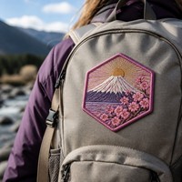 Patchs brodés 3D en chenille OEM, motif hexagonal Mont Fuji, lever de soleil Sakura, rayons de soleil complexes, à thermocoller pour chapeaux de voyage au Japon