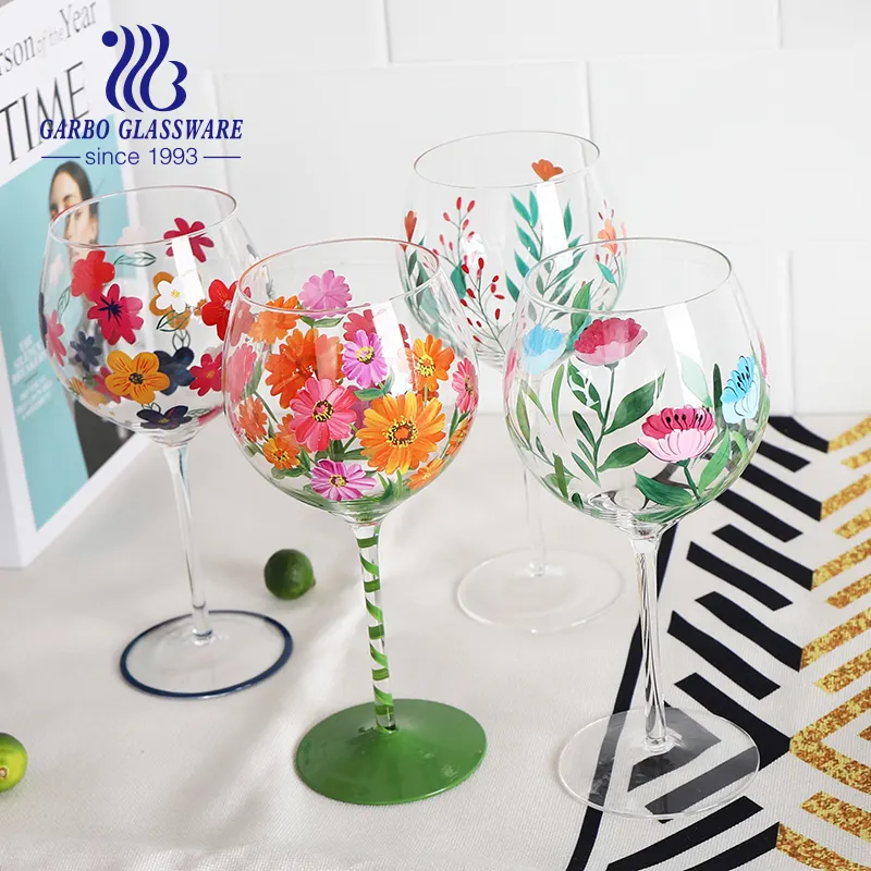 100個の小さなmoカラフルなトンボの花職人の吹き15オンスガラスノベルティワインフルートステムウェア手描きのワイングラス