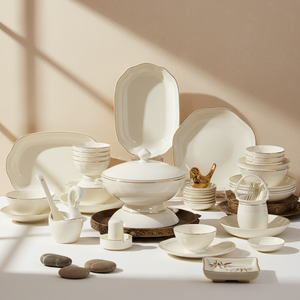 Elegant Gold Trim Bone China <b>Dinnerware</b> Set Ceramic Luxury Tableware for 8 People Microwave Dishwasher Safe Sustainable Utensils - Product Image 1
