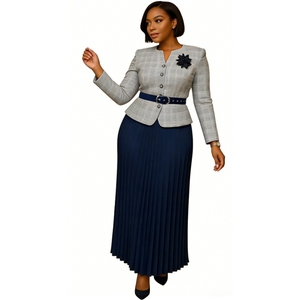 Conjunto de Falda Maxi Plisada y a Cuadros de 2 Piezas para Mujer - Con Cinturón y Broche Floral, Ropa de Moda para Mujer - Product Image 1