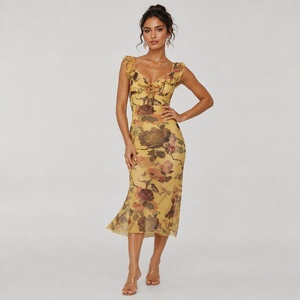 Robe longue en maille à imprimé floral et blocs de couleur avec volants, taille naturelle, extensible, décontractée, pour l'été et les vacances à la plage - Product Image 3