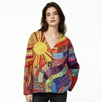 Damen V-Ausschnitt Langarm Strickjacke Regenbogen-Sonnen-Patchwork-Druck Böhmischer Hippie Retro-Stil Ganzjährig Vielseitig Tägliche Kleidung