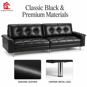Divano in Vera Pelle Nera, Stile Italiano Minimalista, Vintage Francese, Linea Retta, Americano Mid-Century, Modello Nebula per Spazi Ristretti - Product Image 4