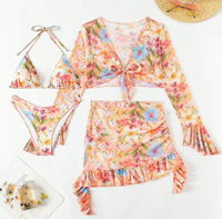 Maillot de bain pour femme, style imprimé, ensemble de bikini à manches longues en quatre pièces - Haut et bas séparés, maillot de bain et robe de plage
