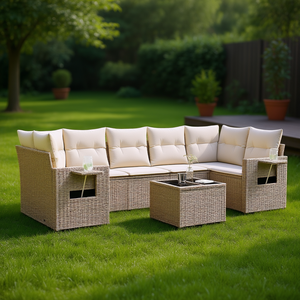 Ensemble de canapés de jardin en rotin beige 6 places, mobilier d'extérieur résistant aux intempéries, design contemporain, structure en osier - Product Image 2