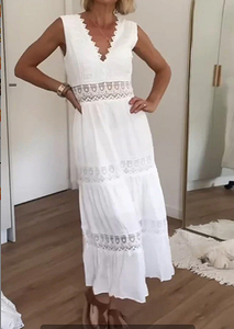 Robe longue décontractée d'été en satin pour femme, respirante, col en V, sans manches, avec empiècements en <span class=keywords><strong>dentelle</strong></span>, logo brodé sur le devant, taille naturelle, couleur unie - Product Image 4