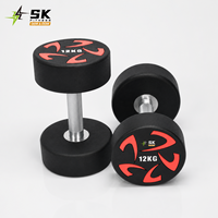 Dumbbell Bulat SK Fitness Wholesale CPU Berlapis PU untuk Gym, Berat 2.5-50kg, Warna dan Logo Dapat Disesuaikan, Gagang Krom, untuk Gym Komersial