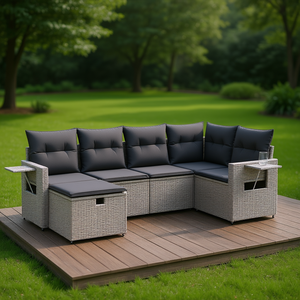 Grand ensemble de canapés de jardin en polyrotin gris 6 places, mobilier d'extérieur au design contemporain - Product Image 2