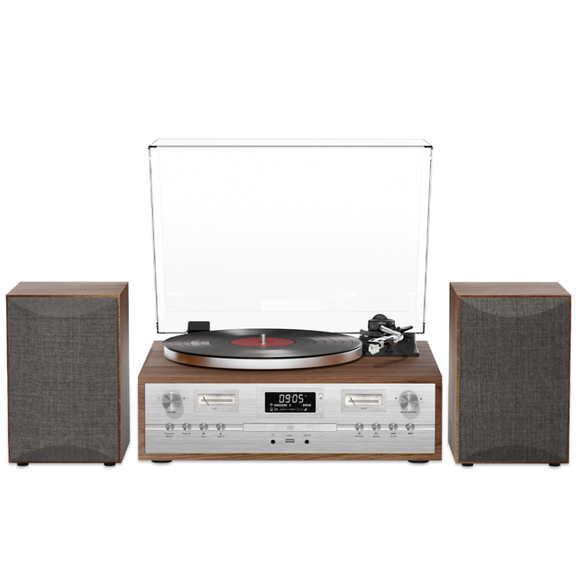 Retro Vinyl Record Player System with Analog VU Meter Wooden Design Wireless Streaming CD Turntable Audio