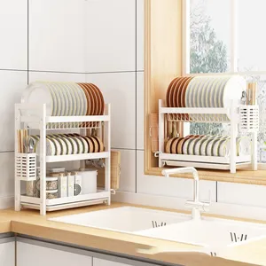2024 Latest Products Metal Wire Kitchen Single Layer 2 Tier Dish Drying Rack Tableware Storage Drainer Rack With Drip Tray