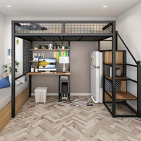 Lit superposé double moderne avec bureau intégré, design en acier métallique pour chambre d'étudiant, dortoir, style panneau en bois, adultes