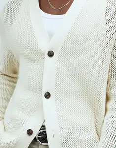 Maglione da uomo con LOGO personalizzato Jacquard maglieria da uomo scollo a V con maglia bianca in maglia Cardigan lavorato a maglia traspirante maglione da uomo