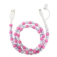 Kabel Data Ponsel & Komputer Tipe-C Universal Desain Baru Modis Berhias Manik-Manik Bunga Warna Pink Muda Ungu