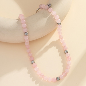 Rose Quartz Round Bead Necklace With <b>Silver</b> Spacer Balls Minimalist <b>Choker</b> Style Fashion Jewelry - Product Image 3