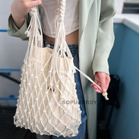 Bolsa de red de algodón con logotipo personalizado, bolsa de playa de verano, macramé, compras, ganchillo, playa, Beige, mercado, bolsa de comestibles reutilizable con bolsa en el interior