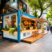 Comptoir de bar en bois de style industriel rétro, transformé à partir d'un conteneur maritime bleu foncé, avec tabourets de bar à structure métallique