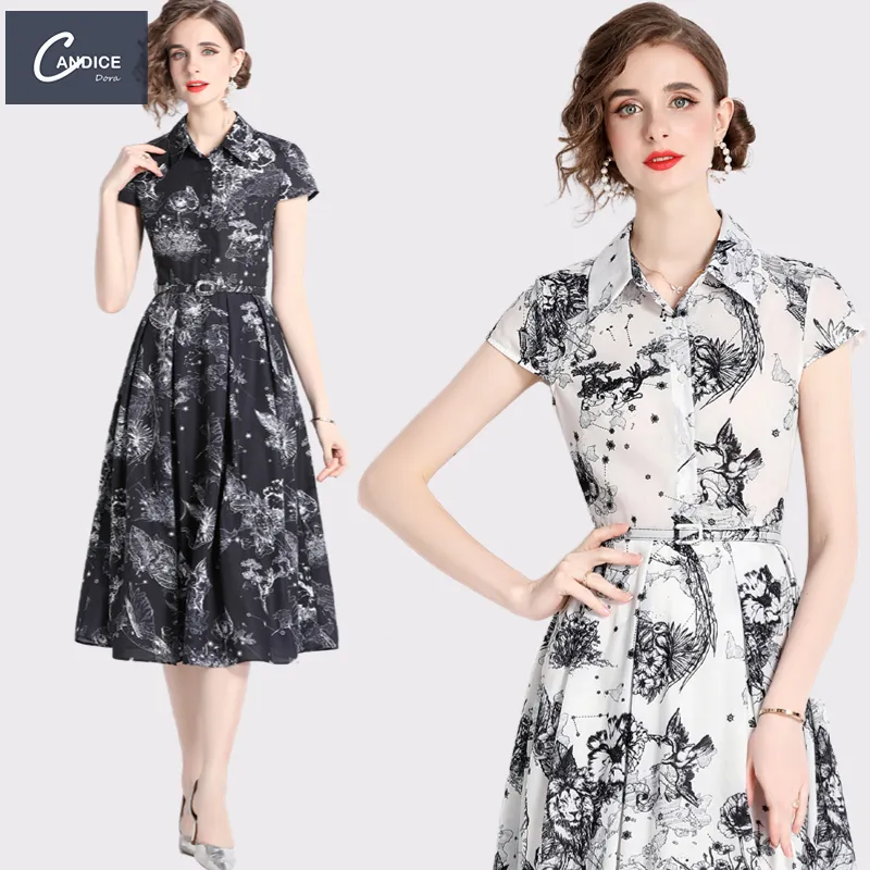 Candice 2023 high quality elegant floral print short sleeve a-line long summer dresses women casual formal